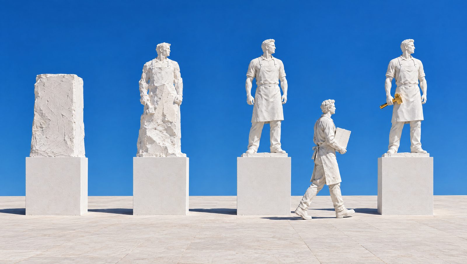 Quatre socles de plâtre portant la même statue à quatre états, du bloc brut à la statue finie tenant un outil d'or ; un sculpteur passe de l'un à l'autre.