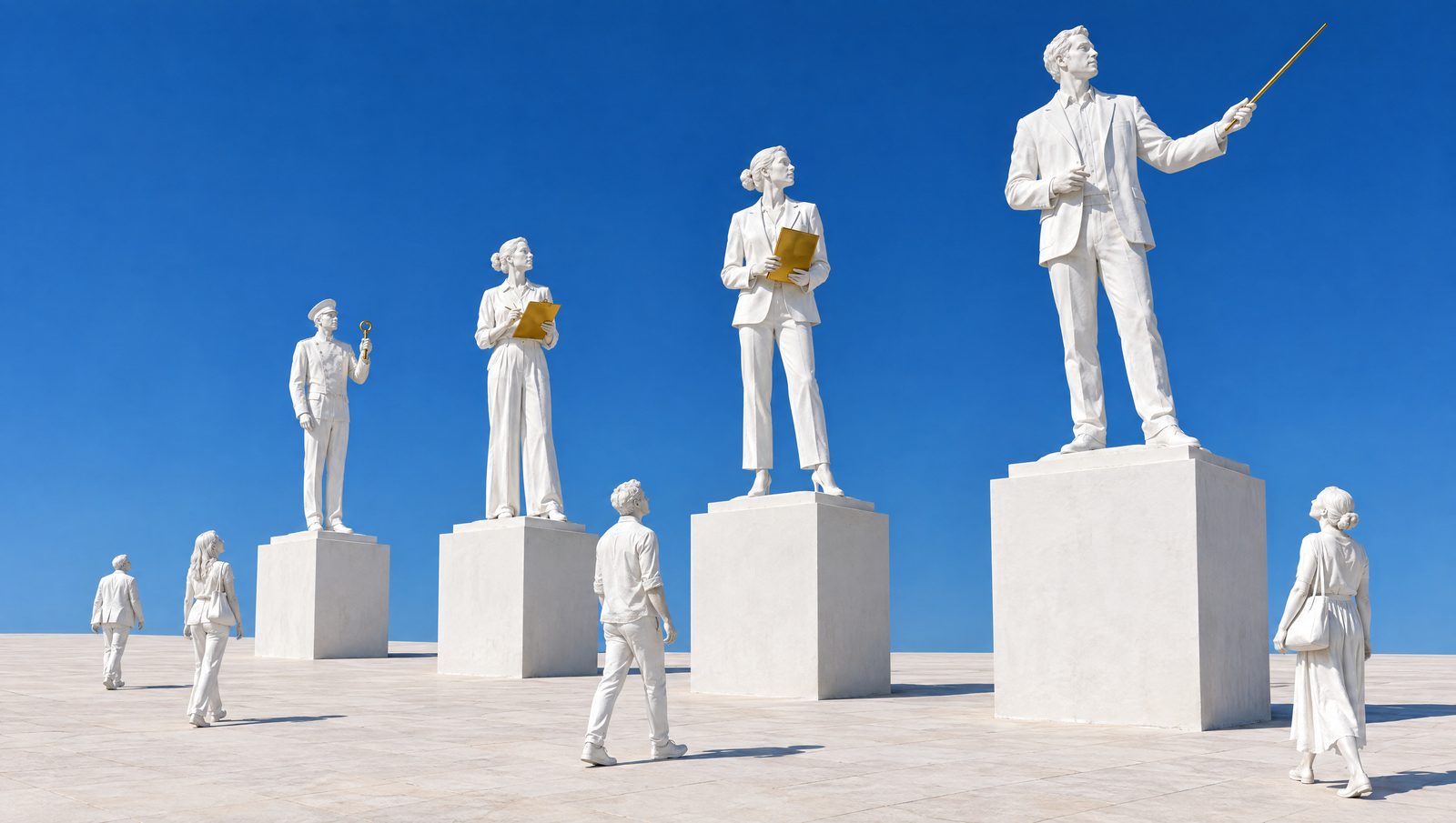 Cinq statues de plâtre de métiers différents sur leurs socles, alignées sur une place de pierre claire, des passants de plâtre qui regardent.