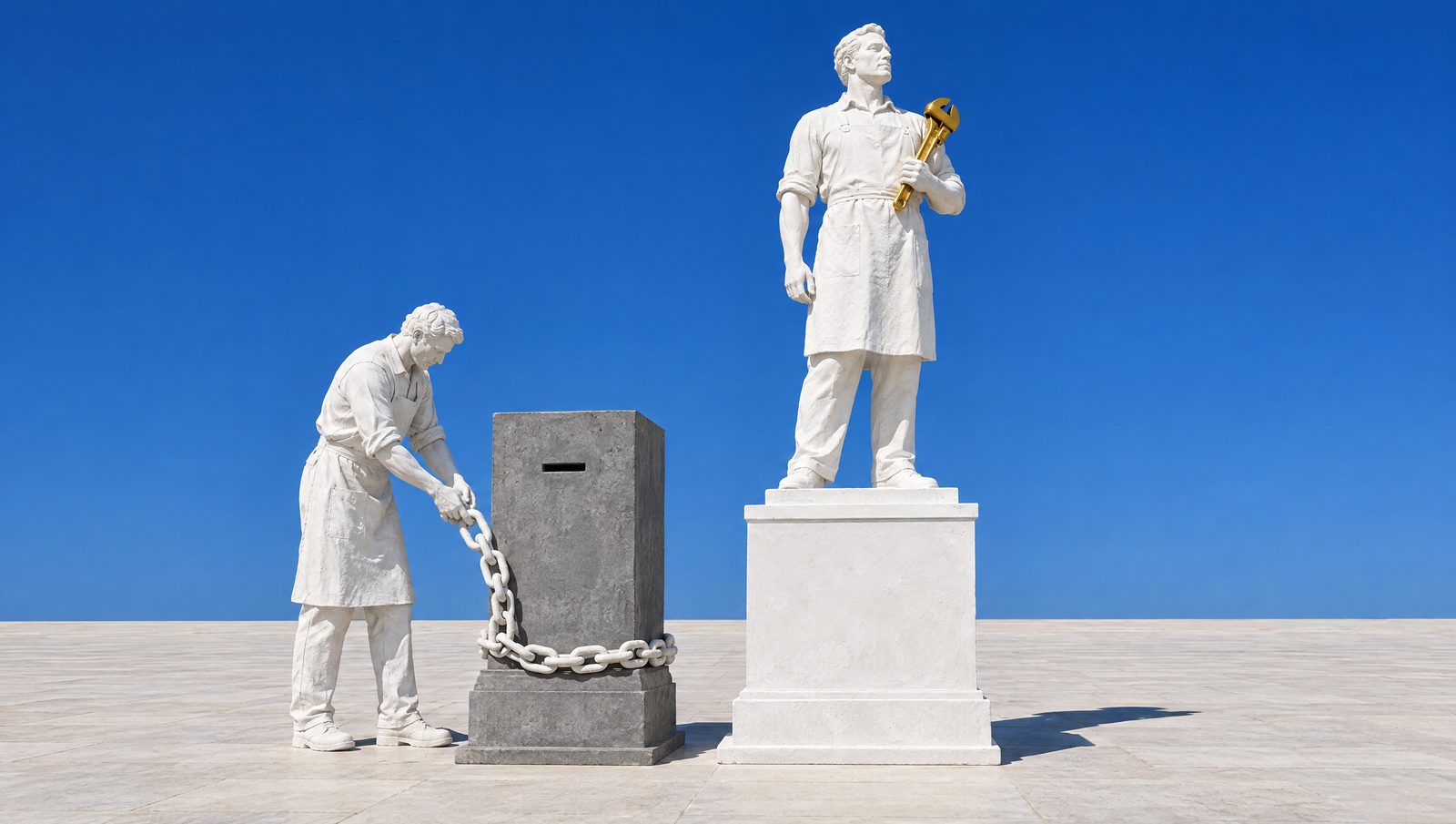Une statue de plâtre de commerçant sur un socle blanc neuf, outil d'or en main ; à côté, un sculpteur de plâtre décroche la dernière chaîne d'un socle gris à fente, vide.