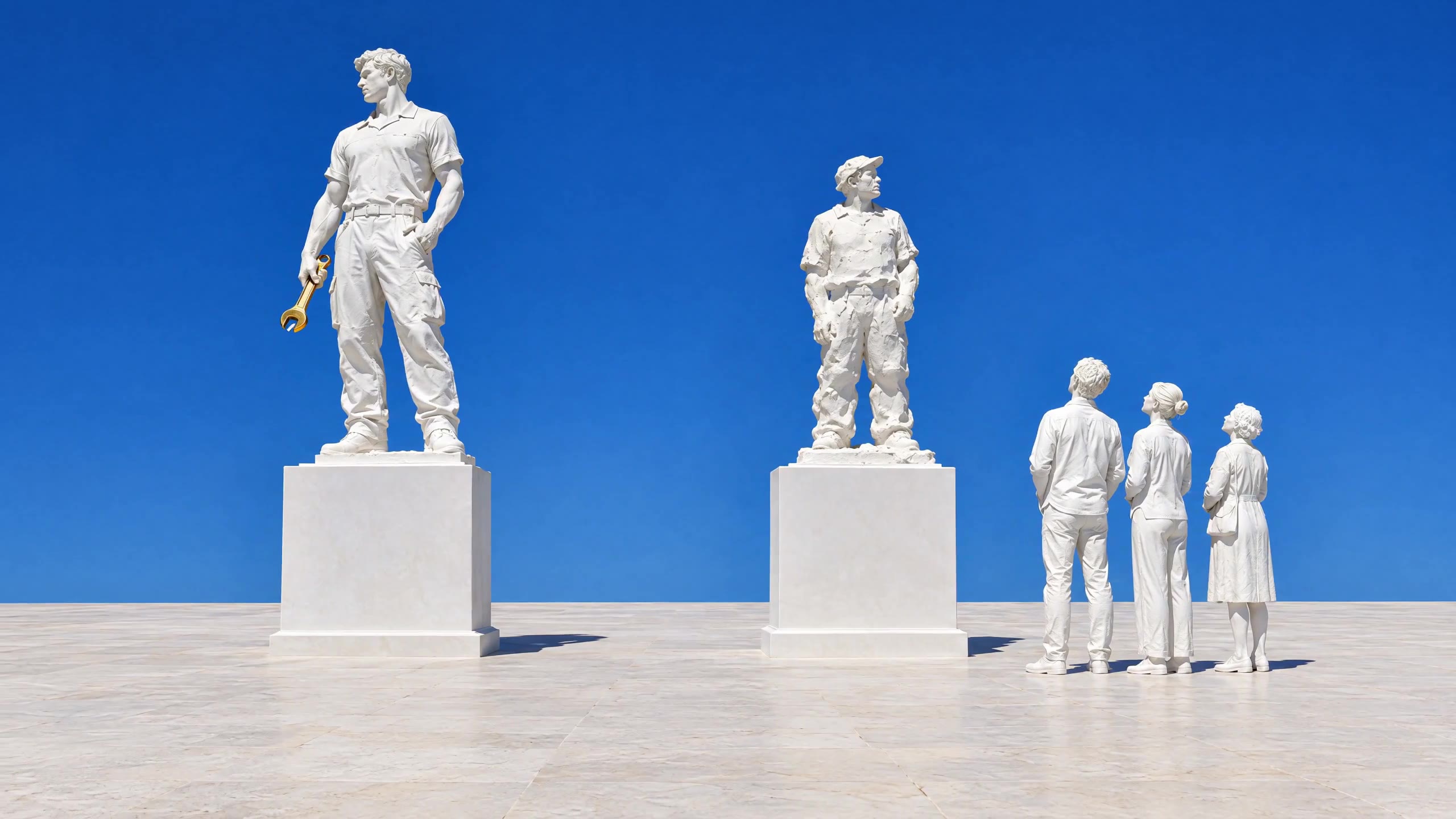 Deux statues de plâtre sur leurs socles, face à trois personnes qui les observent.