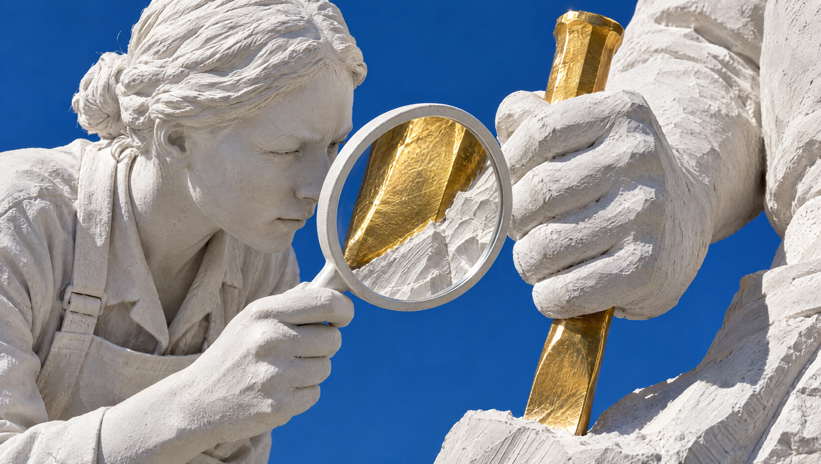 Une artisane examine à la loupe la finition dorée d'un outil tenu par une statue de plâtre, sous un ciel bleu.