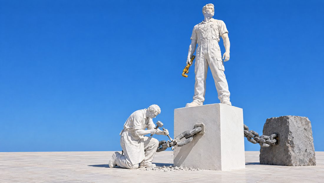 Un sculpteur de plâtre à genoux coupe la chaîne grise qui reliait le socle d'une statue à un bloc grossier.