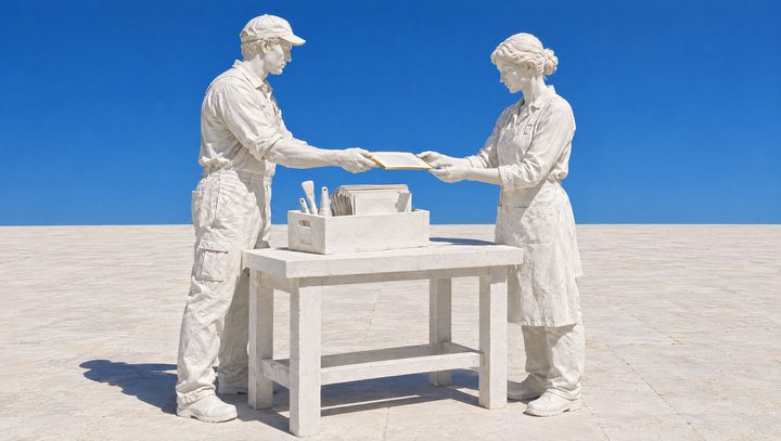 Sur un établi, un artisan de plâtre remet une caisse de plaques et d'outils à une sculptrice.