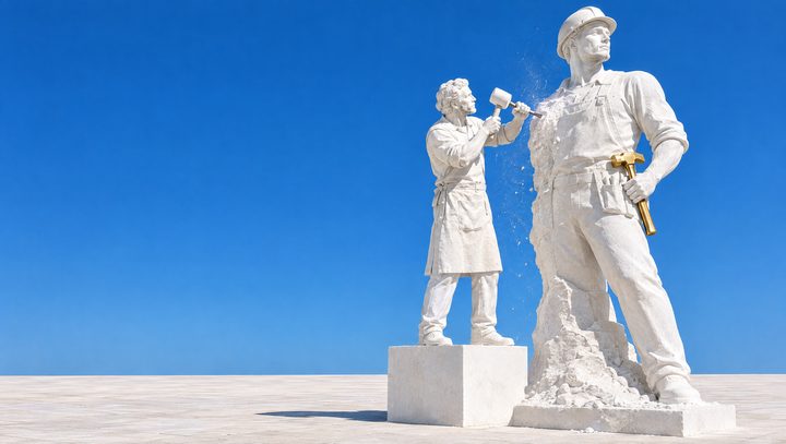 Un sculpteur de plâtre taille une statue d'artisan presque finie, la poussière vole, l'outil d'or est déjà en place.