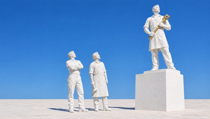 Un artisan de plâtre, bras croisés, approuve sa statue finie, le sculpteur attend à côté.