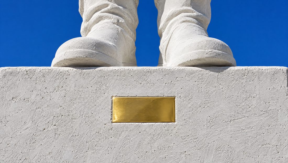Une plaque d'or vierge scellée dans un socle de plâtre blanc, sous les bottes d'une statue.