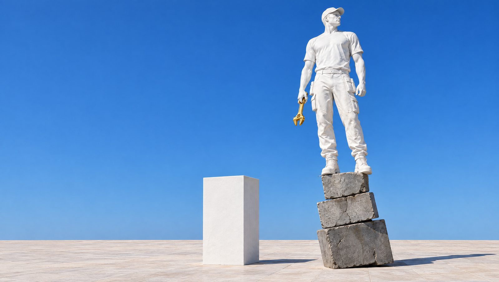 Une statue de plâtre superbe posée sur trois blocs gris fissurés qui penchent, à côté d'un socle blanc propre resté vide.