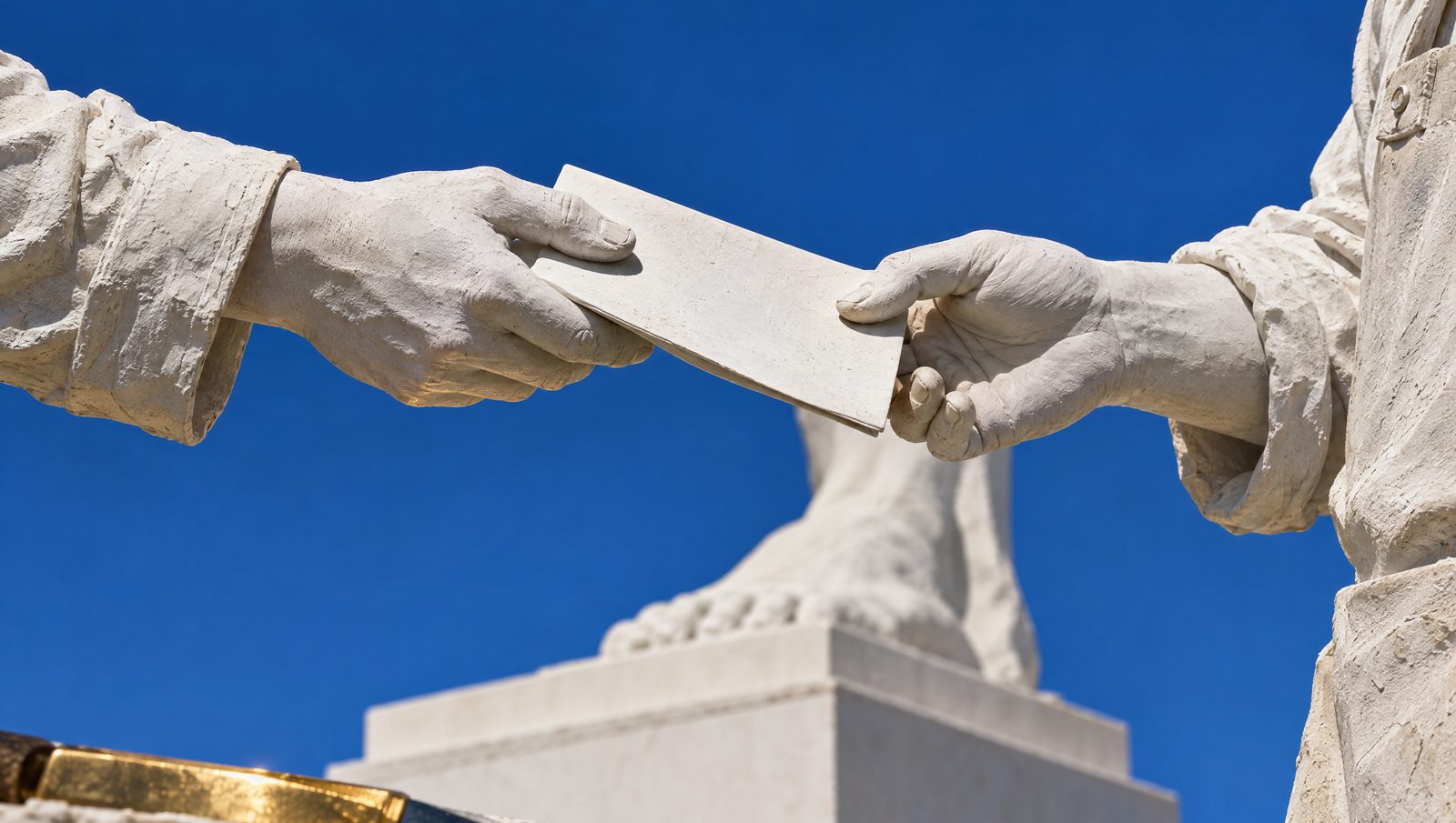 Deux mains de plâtre : l'une tend une feuille pliée, l'autre la prend, au pied d'un socle.