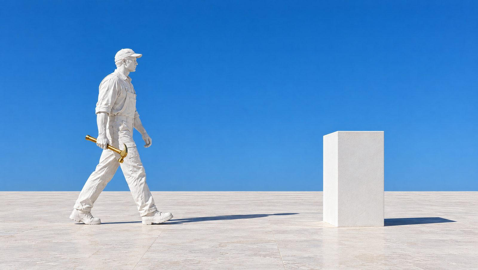Un socle de plâtre vide à droite ; un artisan de plâtre arrive de la gauche avec son outil d'or pour y prendre place.