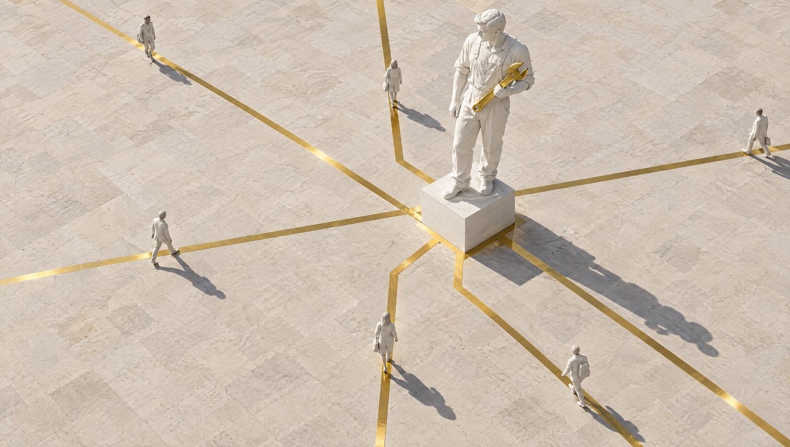 Vue du ciel : sept lignes d'or incrustées dans la place convergent de tous les bords vers un seul socle, des passants de plâtre les suivent.
