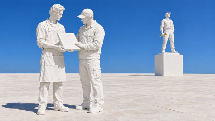 Une sculptrice de plâtre montre une tablette gravée à un artisan qui la lit, sa statue au loin.