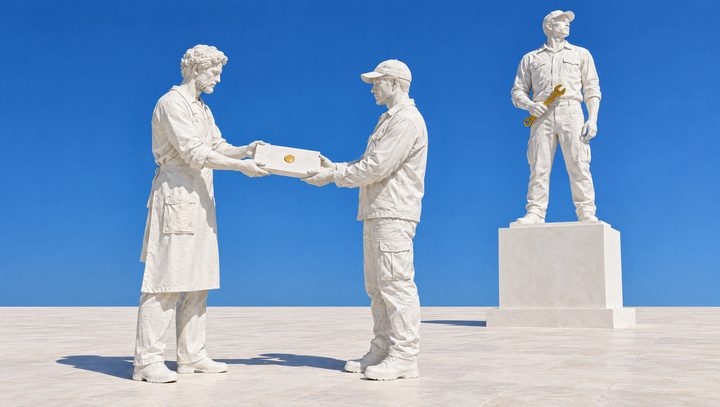 Un sculpteur de plâtre remet une tablette scellée d'or à un artisan, sa statue derrière eux.