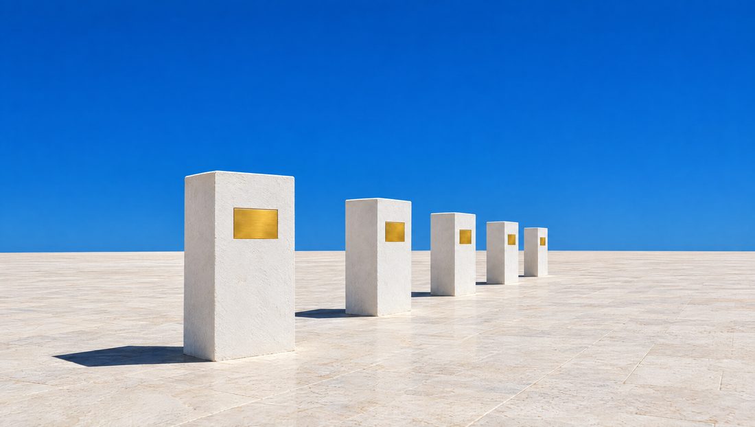 Cinq socles de plâtre en enfilade, chacun avec la même plaque d'or à la même hauteur, sous un ciel bleu franc.