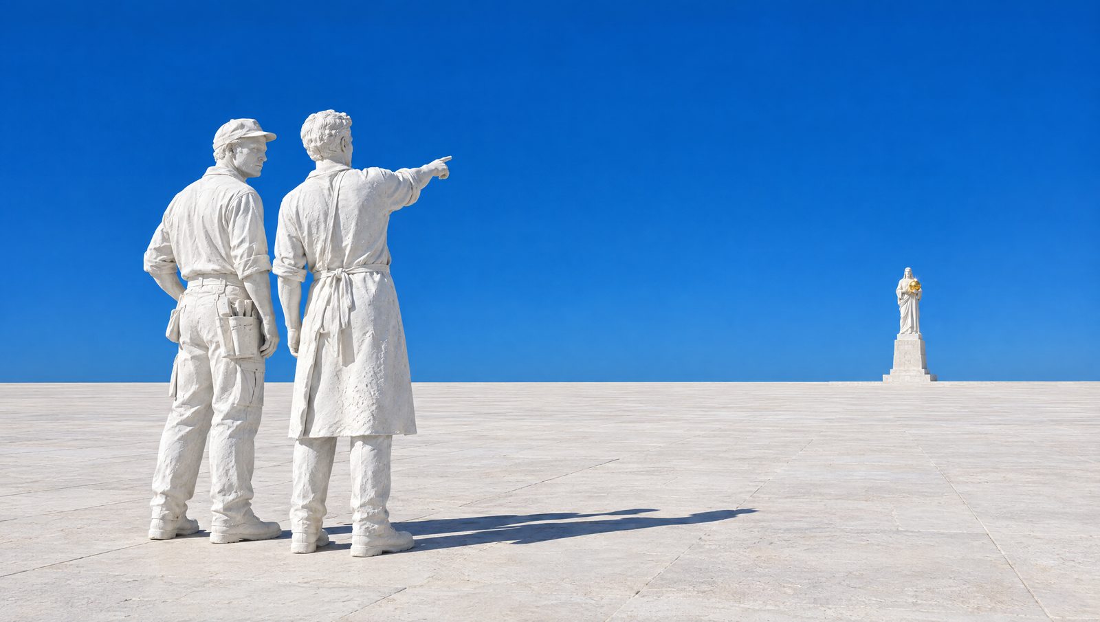 Vus de dos, un artisan et un sculpteur de plâtre regardent une statue minuscule à l'horizon, le sculpteur la montre du doigt.