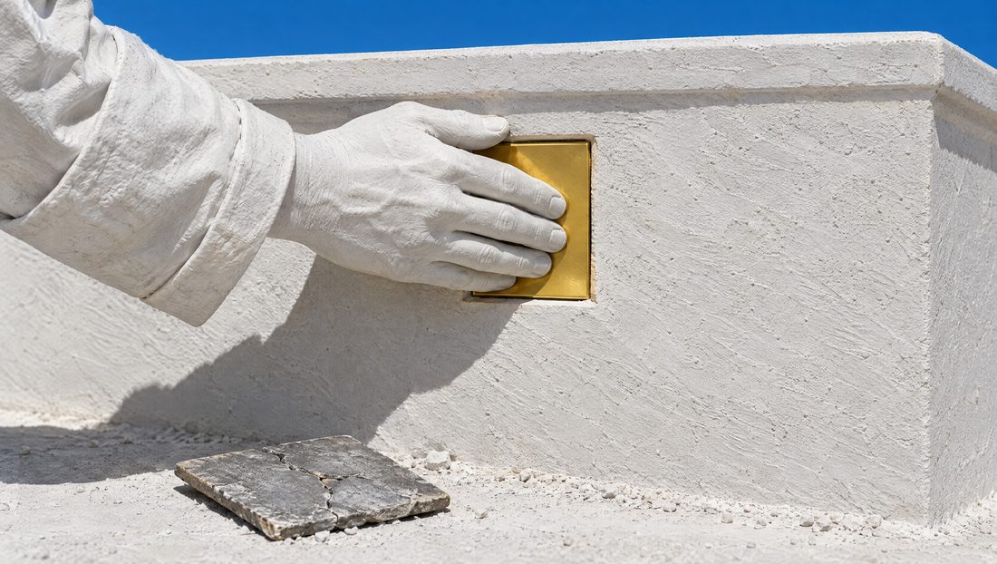 La main d'un restaurateur de plâtre scelle une plaque d'or neuve dans un socle ; l'ancienne plaque, grise et fissurée, gît au sol.