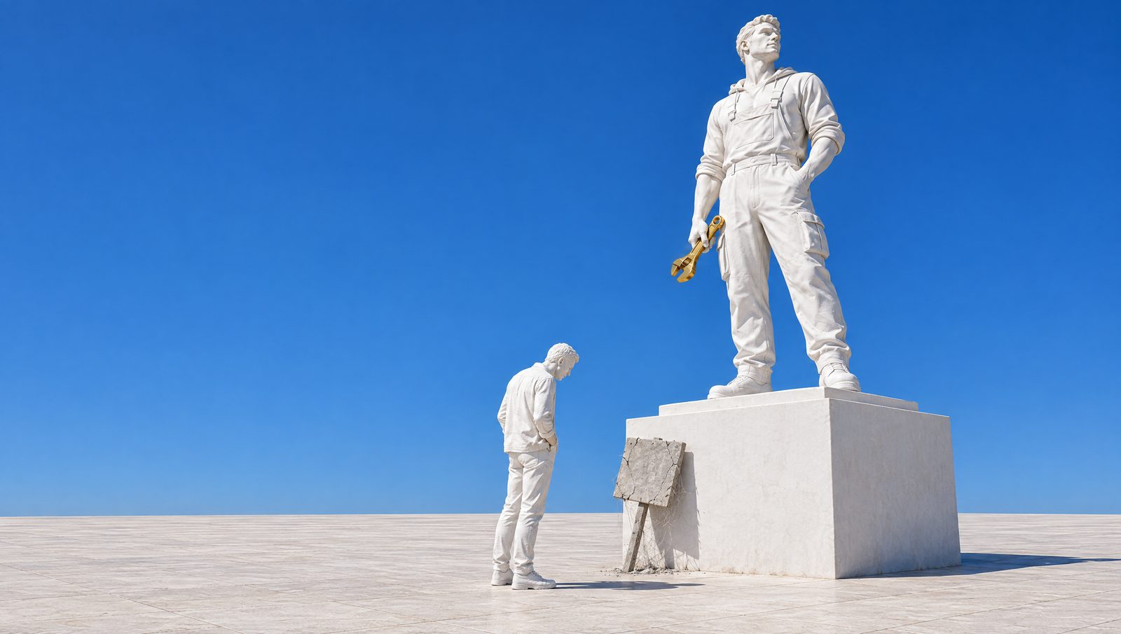 Une statue de plâtre superbe sur son socle ; à son pied, un vieux panneau gris fissuré et effacé qu'un passant de plâtre regarde à la place.