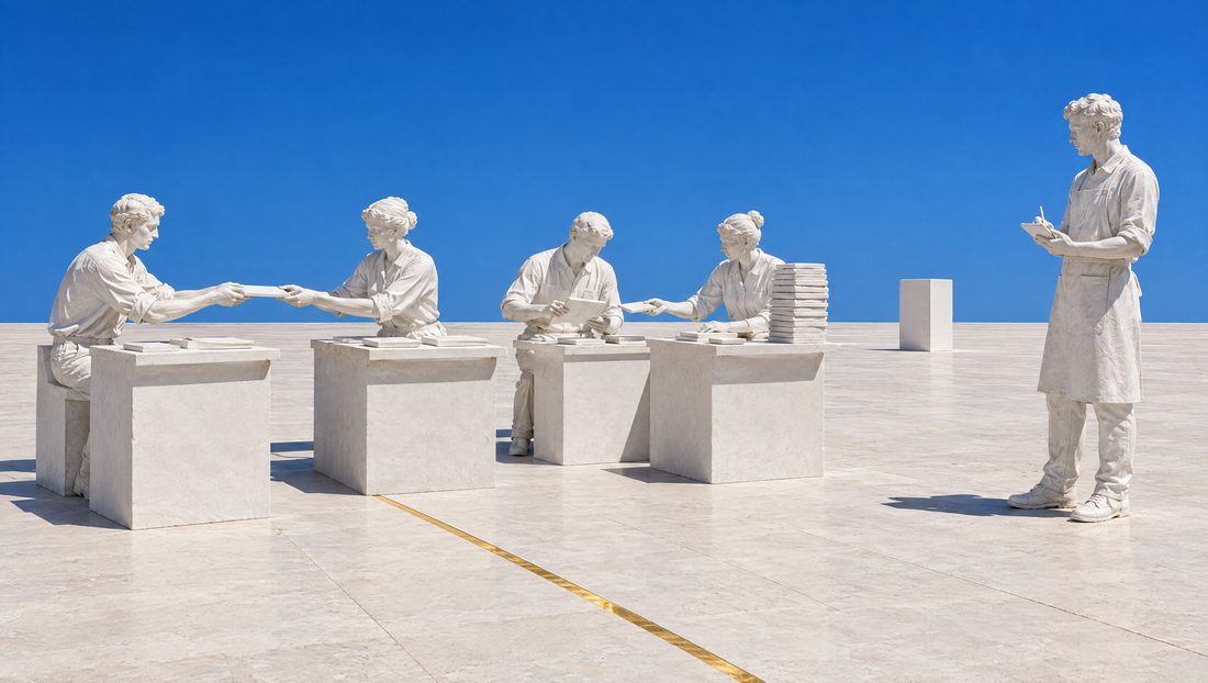Une équipe de plâtre à ses bureaux se passe des tablettes, l’une croule sous une pile ; un sculpteur de plâtre observe et note, sans rien construire. Au fond, un socle vide.