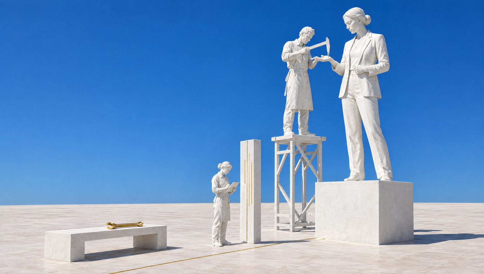 Une statue de plâtre de dirigeante sur son socle ; un sculpteur de plâtre, sur un petit échafaud, mesure sa main au compas ; au pied du socle, une dalle de plâtre dressée comme un écran, quelques lignes d'or, et une clé d'or qui attend sur un banc.