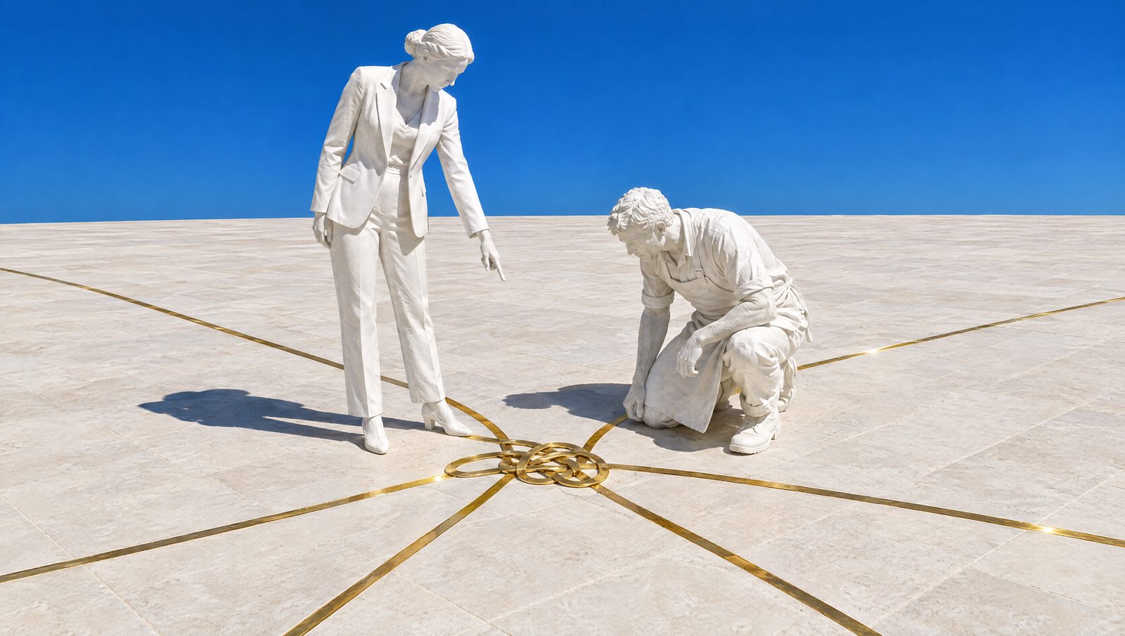 Des lignes d'or dans le dallage se nouent en un point ; une dirigeante de plâtre le montre du doigt, un sculpteur de plâtre s'agenouille pour regarder.