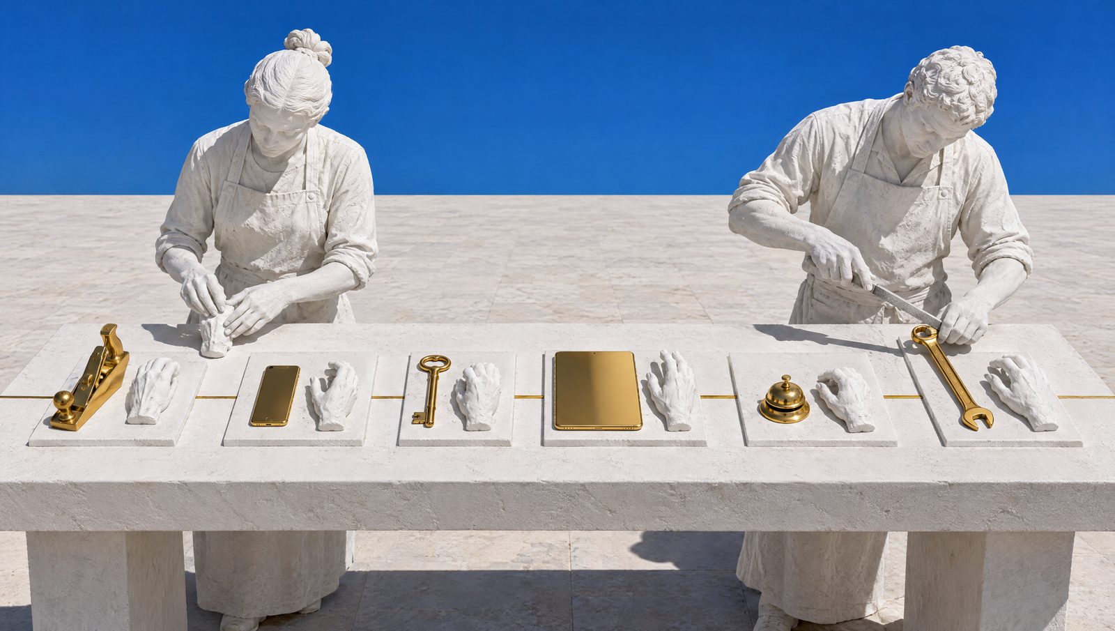 Sur un établi de plâtre, six objets d'or, un rabot, un téléphone, une clé, une tablette, une sonnette, une clé à molette, chacun avec le moulage de plâtre de la main pour laquelle il est fait, reliés par une ligne d'or ; deux sculpteurs de plâtre y travaillent.