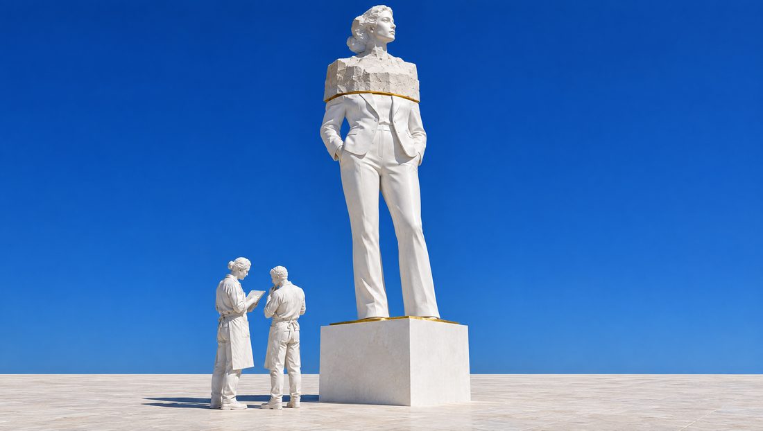 Une statue de plâtre de dirigeante montée par tranches sur son socle : le bas fini, le haut encore brut, un trait d'or à chaque étape ; deux sculpteurs de plâtre au pied.