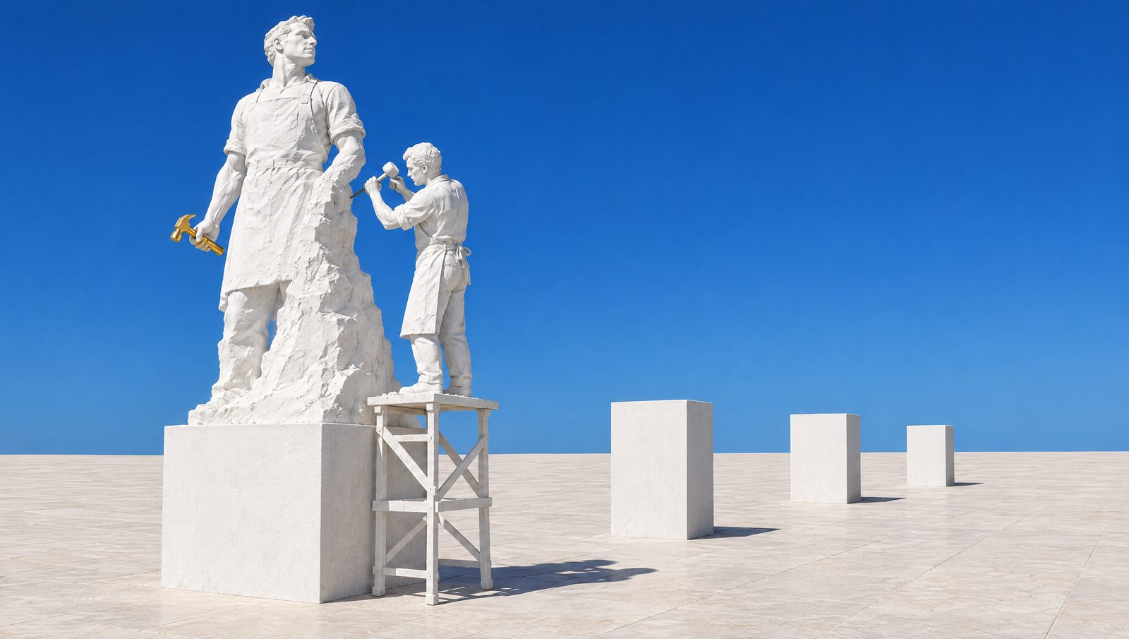 Une rangée de socles de plâtre : un seul porte une statue en cours de taille, avec son sculpteur ; les trois autres sont vides.