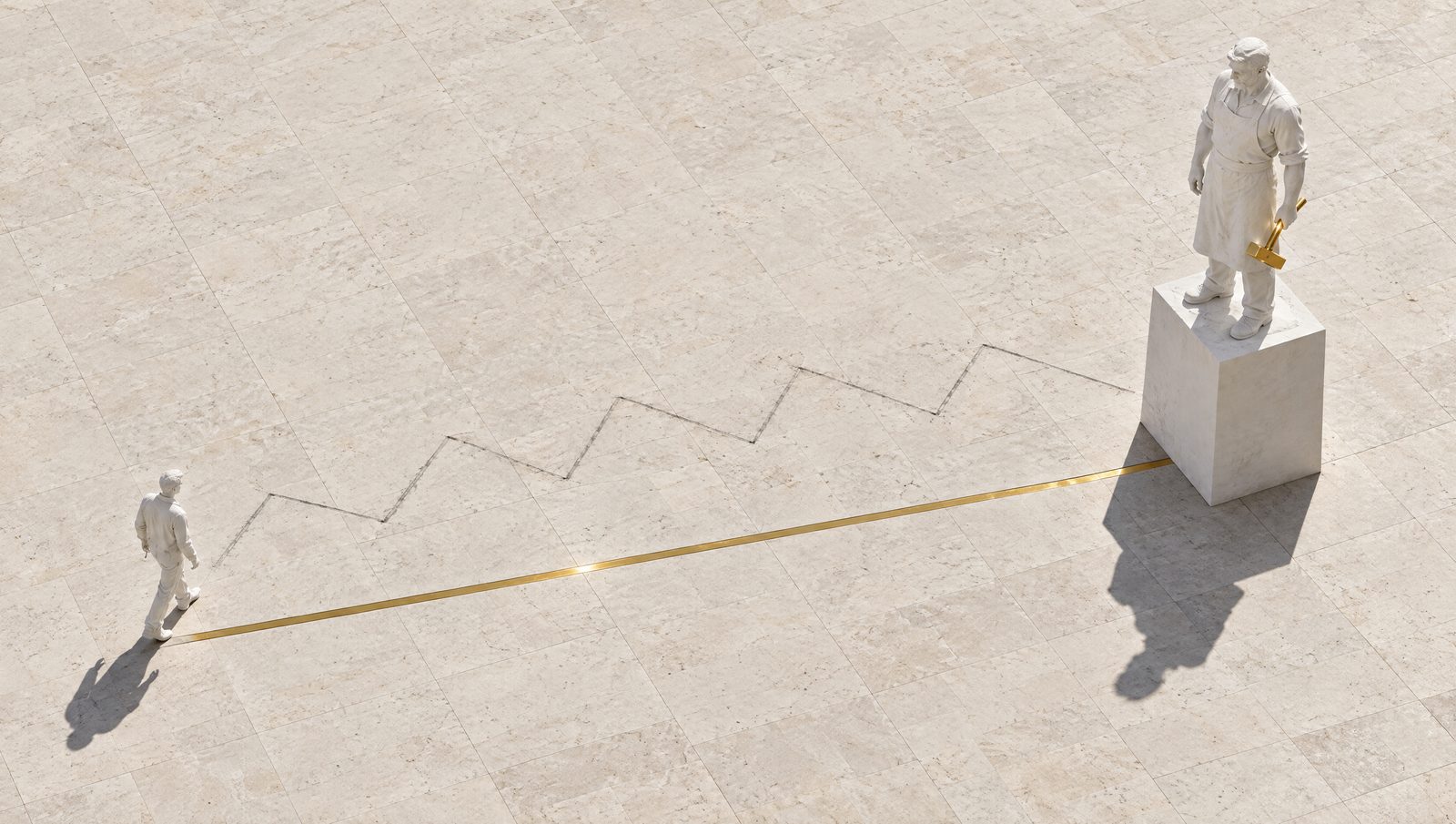 Vue du ciel : entre un passant de plâtre et une statue sur son socle, un chemin gris en zigzag et une seule ligne d'or droite.