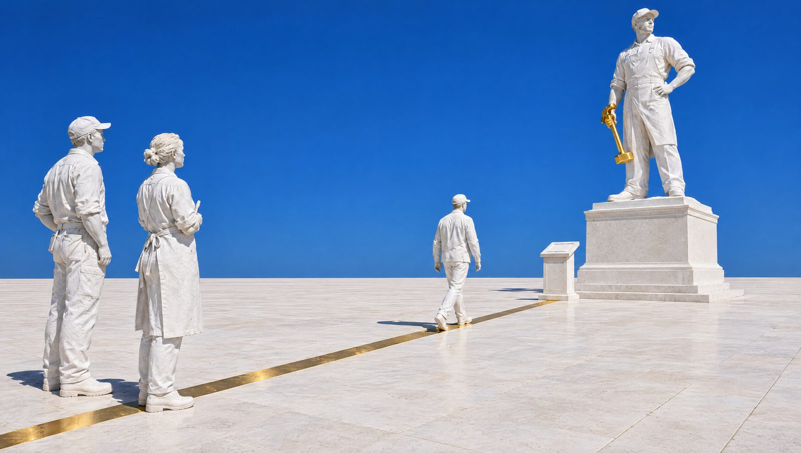 Un artisan et une sculptrice de plâtre regardent un passant suivre une ligne d'or jusqu'à un pupitre, au pied de la statue de l'artisan.