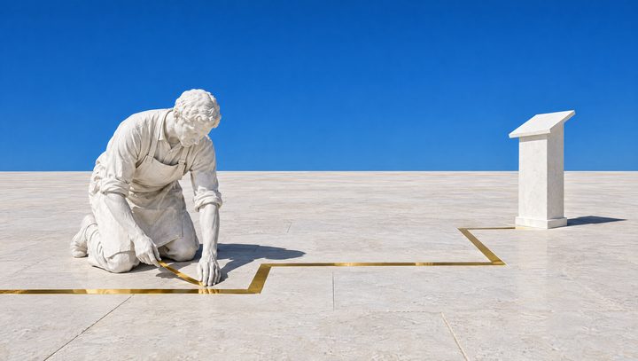 Un sculpteur de plâtre à genoux pose une ligne d'or dans la pierre jusqu'à un pupitre.