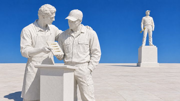 Un sculpteur de plâtre, la main sur l'épaule d'un artisan, lui montre une tablette au pupitre.