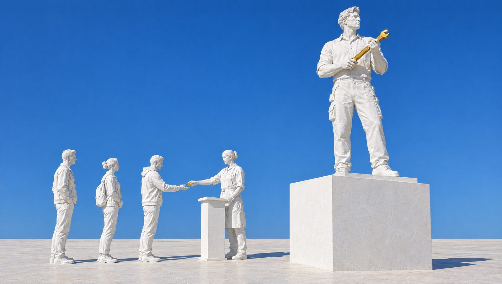 Une statue de plâtre d'artisan travaille sur son socle sans lever les yeux ; au pied du socle, une assistante de plâtre derrière un pupitre remet un jeton d'or à une file de passants.