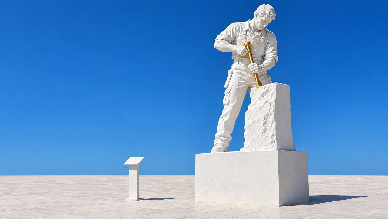 Une statue de plâtre d'artisan entièrement à son ouvrage sur son socle ; personne n'attend en bas, seul un petit pupitre de plâtre se tient là.