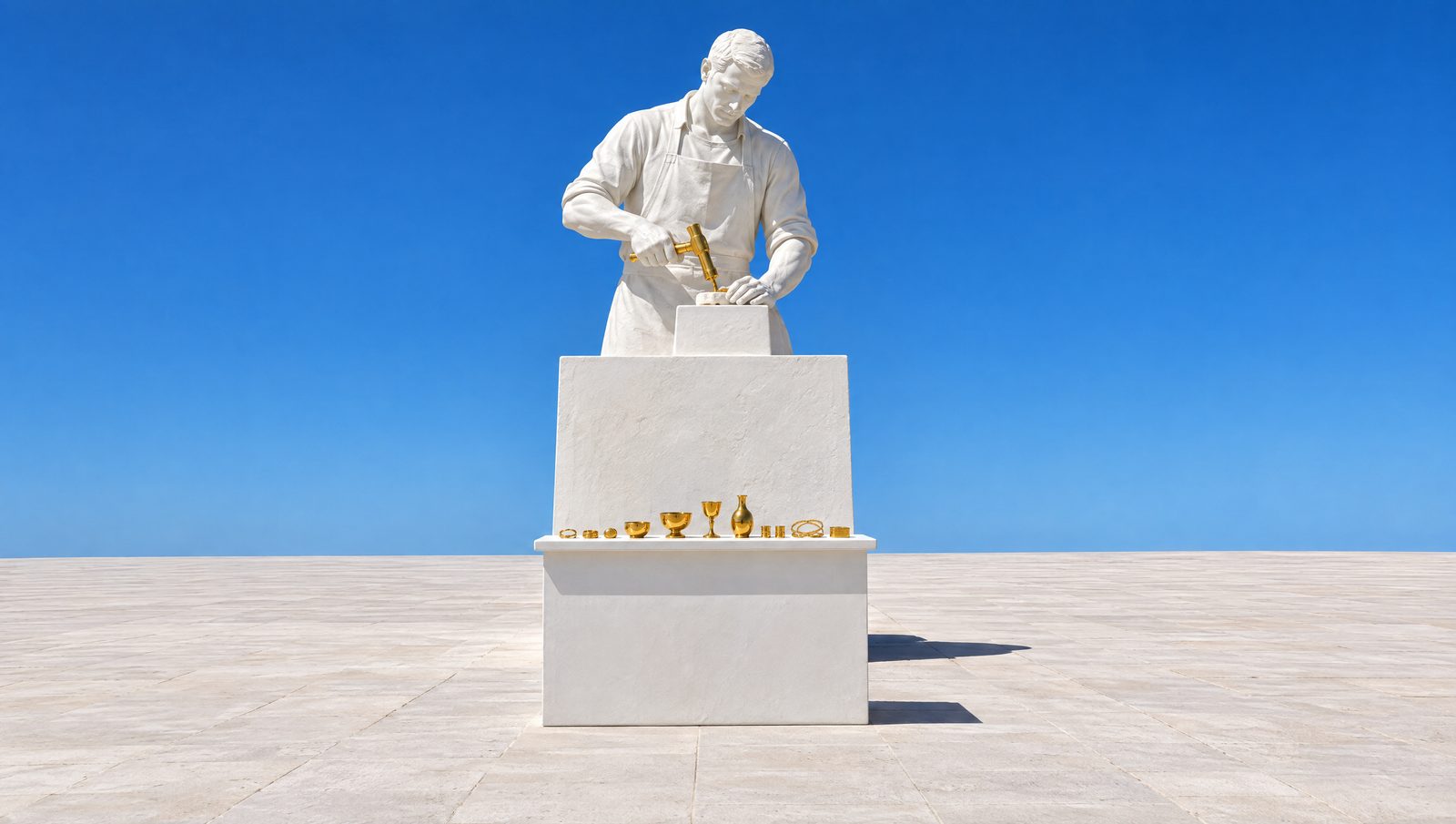 Un comptoir de plâtre garni de produits d'or, seul au pied d'un socle sur une place vide ; sur le socle, une statue de commerçant continue de travailler.