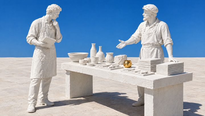 Un artisan de plâtre étale ses produits et sa pile de devis sur une table ; un sculpteur de plâtre observe, tablette en main.