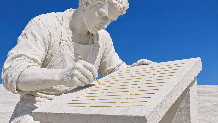 Un sculpteur de plâtre grave une à une des lignes d'or dans la grille d'une grande tablette de plâtre.