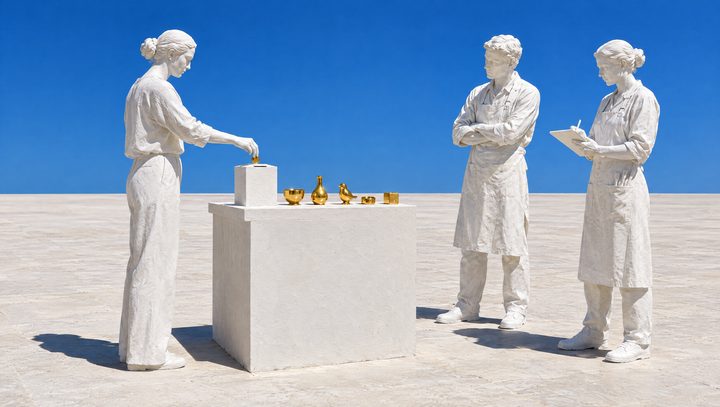 Une passante de plâtre dépose une pièce d'or au comptoir ; deux sculpteurs de plâtre observent et notent.