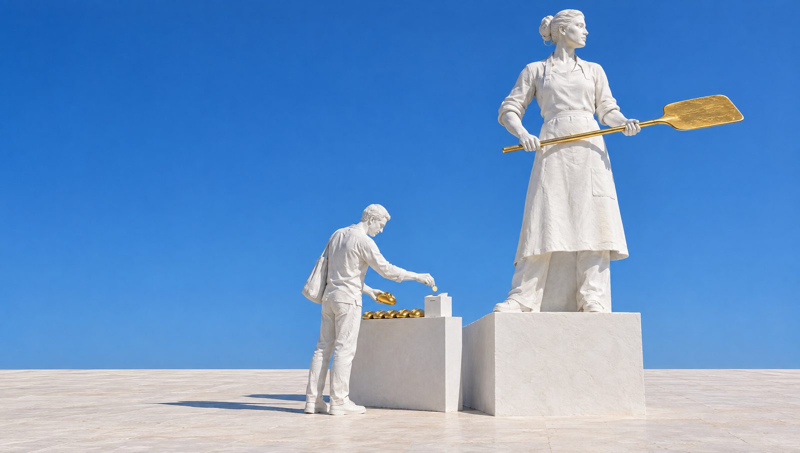 Une statue de plâtre de boulangère travaille sur son socle, pelle d'or en main, sans lever les yeux ; au pied du socle, un passant de plâtre prend un pain d'or sur un petit comptoir et dépose une pièce d'or dans une boîte. Personne ne sert.