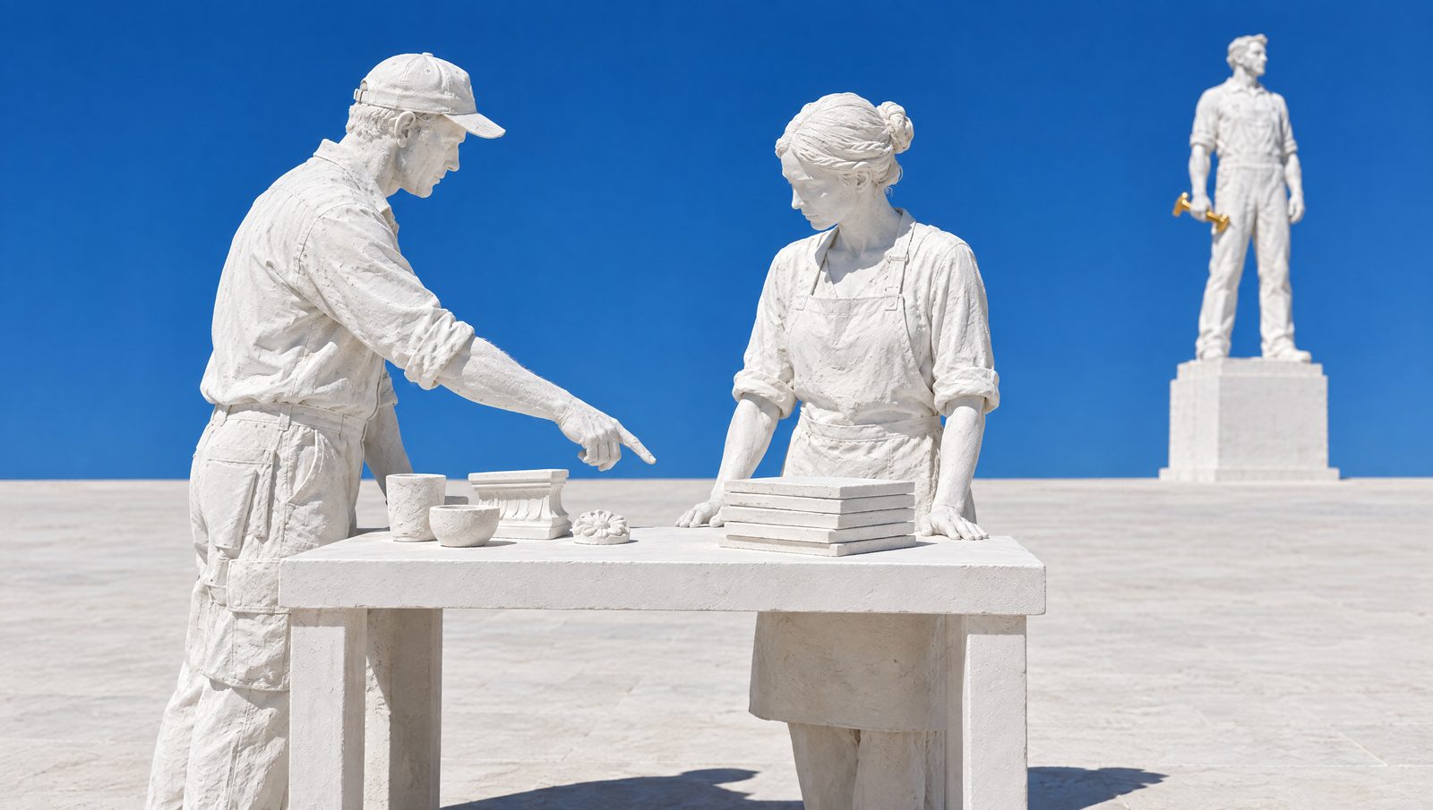 Un artisan de plâtre pointe ses produits puis sa pile de devis sur une table, devant une sculptrice de plâtre ; au loin, sa statue sur son socle, un outil d'or en main.